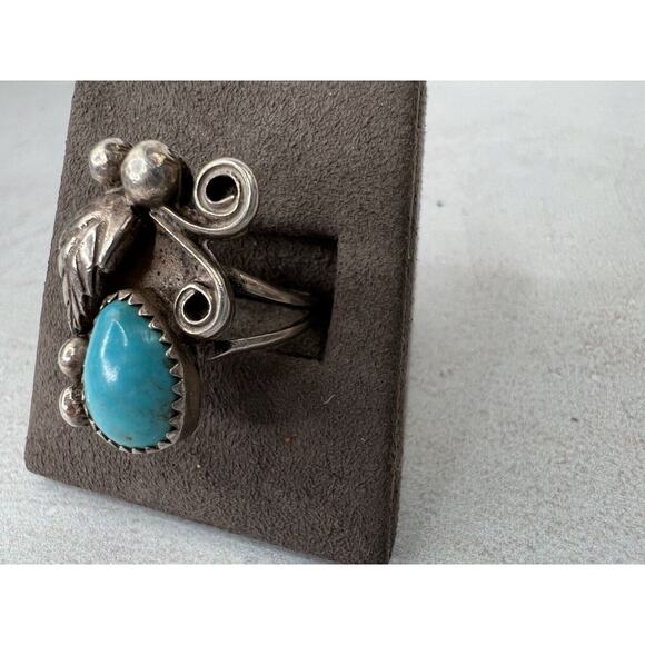 Vintage Sterling Silver Turquoise Ring - Size 7 Handmade Scroll Leaf Boho - Picture 3 of 7
